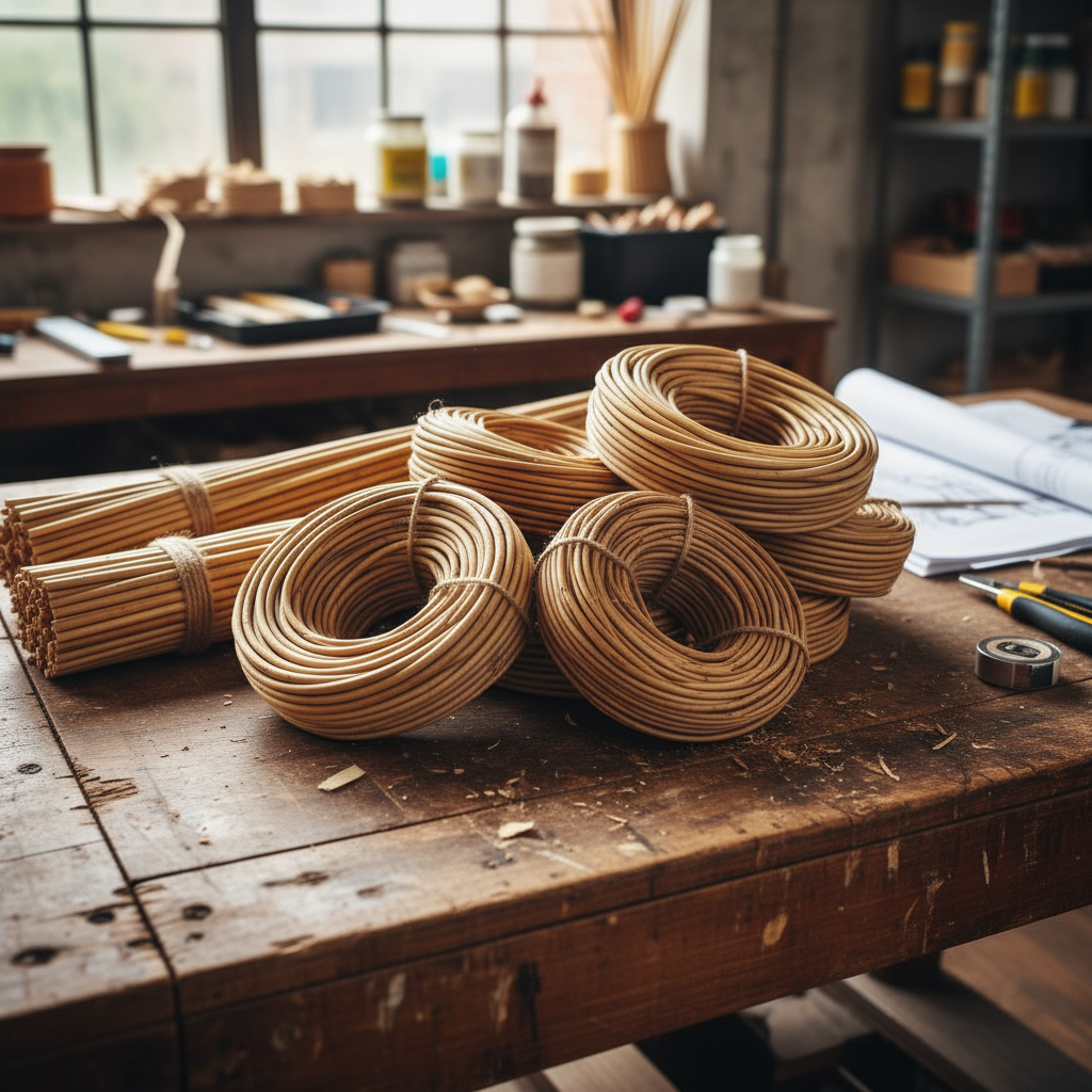 Coiled natural rattan core bundles on a workshop table