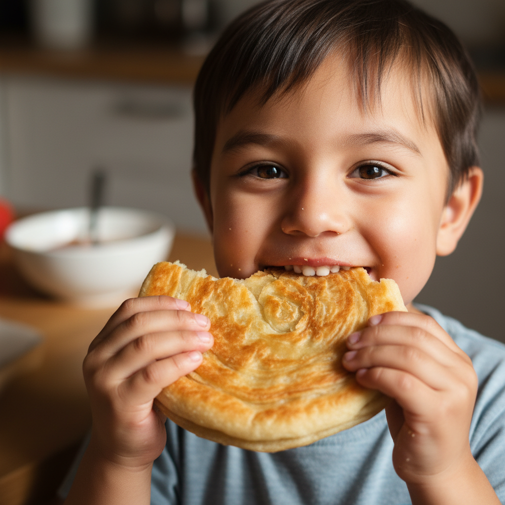 Child mid-bite into a golden sha balep flatbread, eyes wide with delight