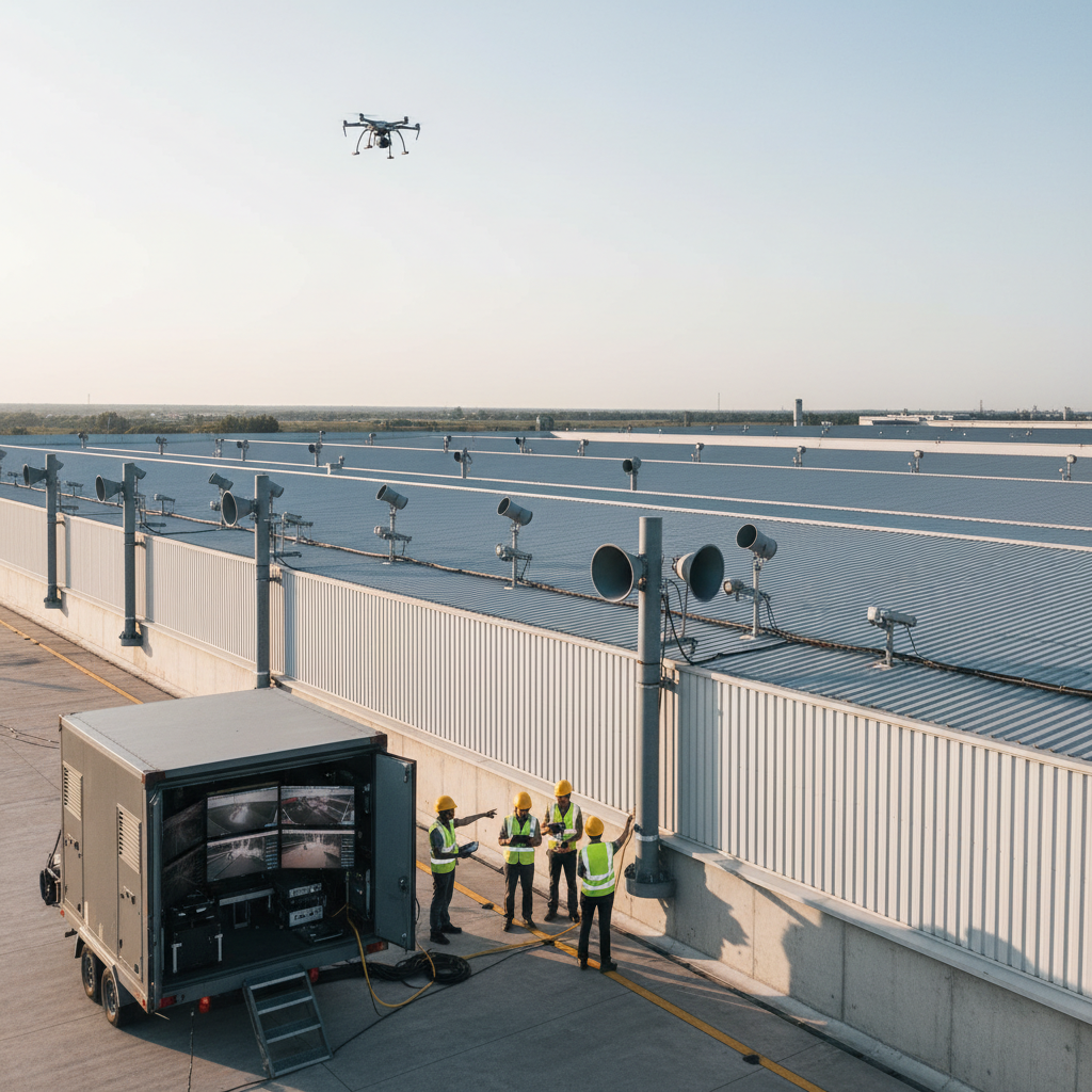 Aerial surveillance drone monitoring large industrial facility perimeter at dusk with thermal imaging