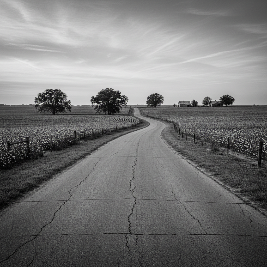 Empty rural road stretching through Mississippi farmland at dusk, documentary style black and white