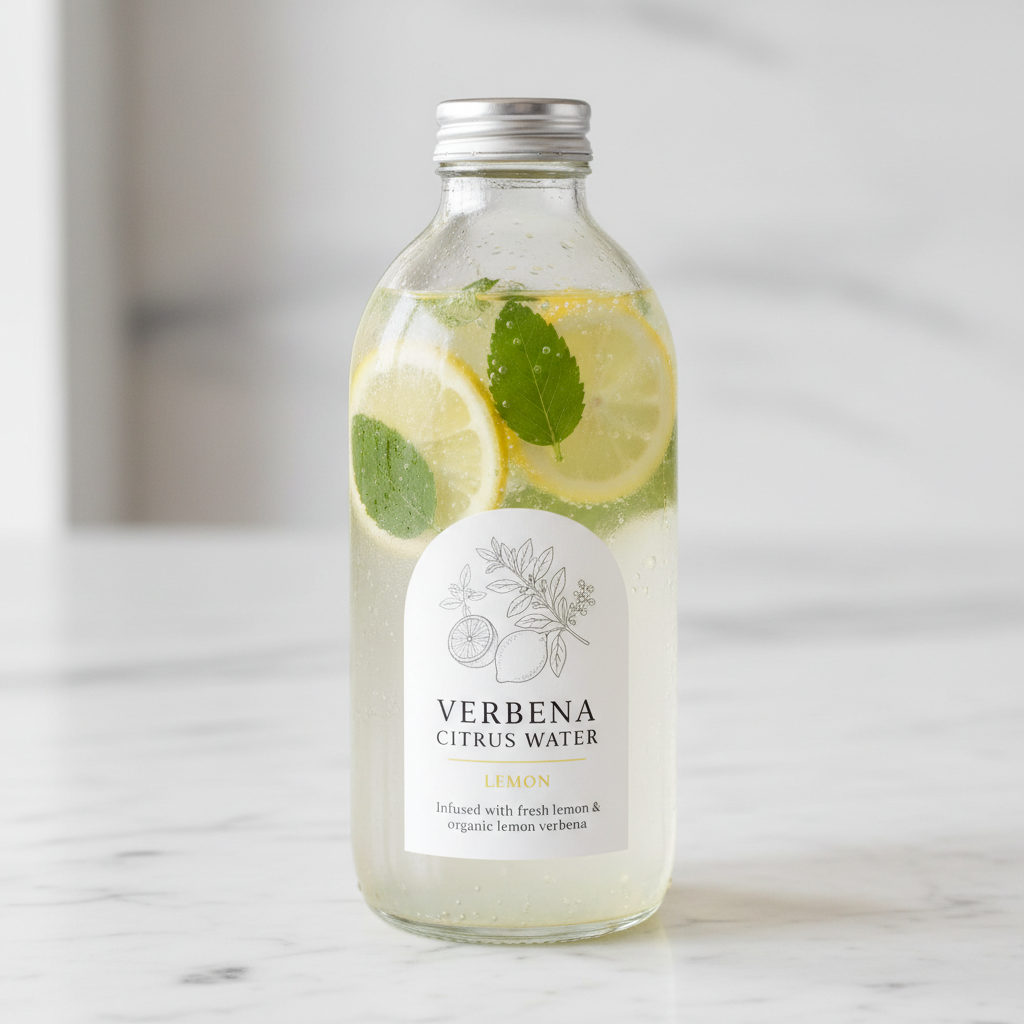 Clear lemon thyme infused water in a glass bottle with lemon slices and thyme sprigs