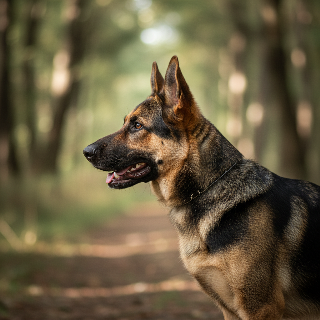 Working line German Shepherd after grooming, coat conditioned, muscles visible under sleek fur