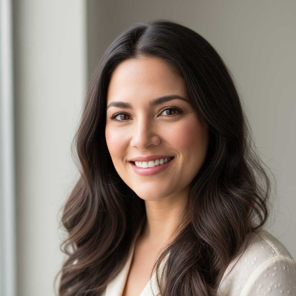 Filipino woman professional smiling confidently, bright neutral background, natural lighting