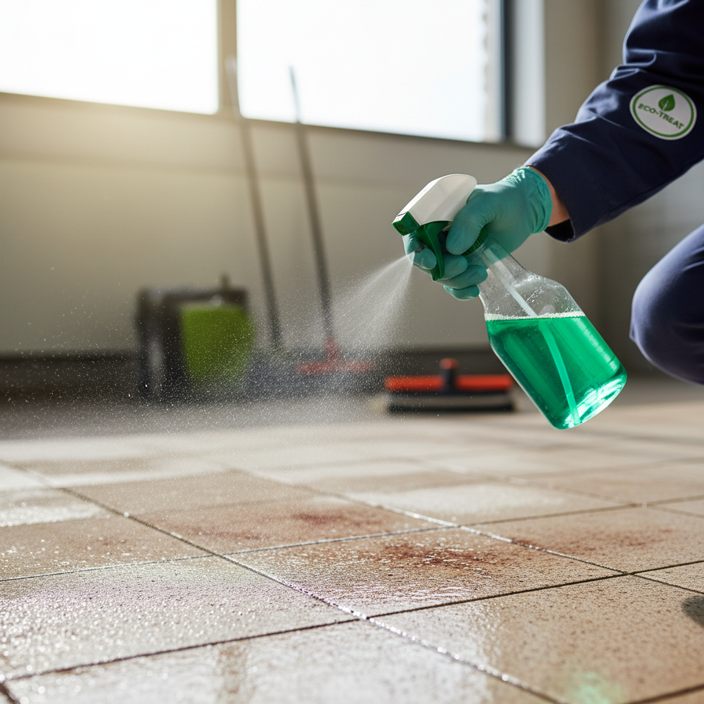 Technician cleaning bathroom tiles and fixtures with eco-friendly products