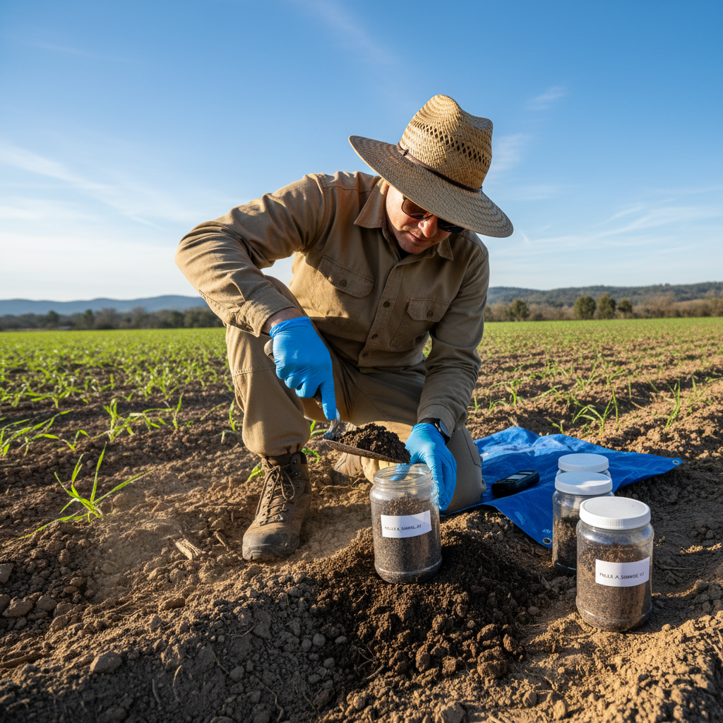 Soil scientist collecting soil samples from agricultural field for testing