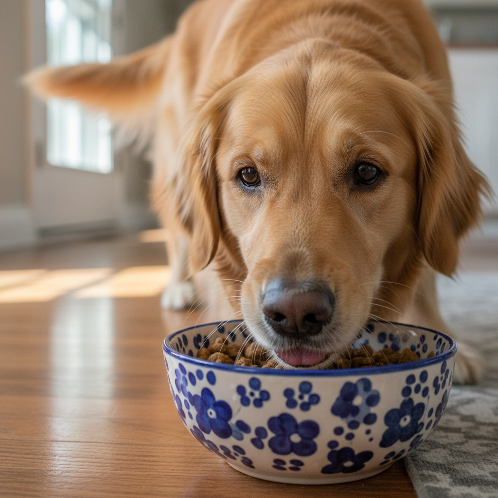 Happy dog eating from a ceramic bowl on a kitchen floor, tail blurred mid-wag