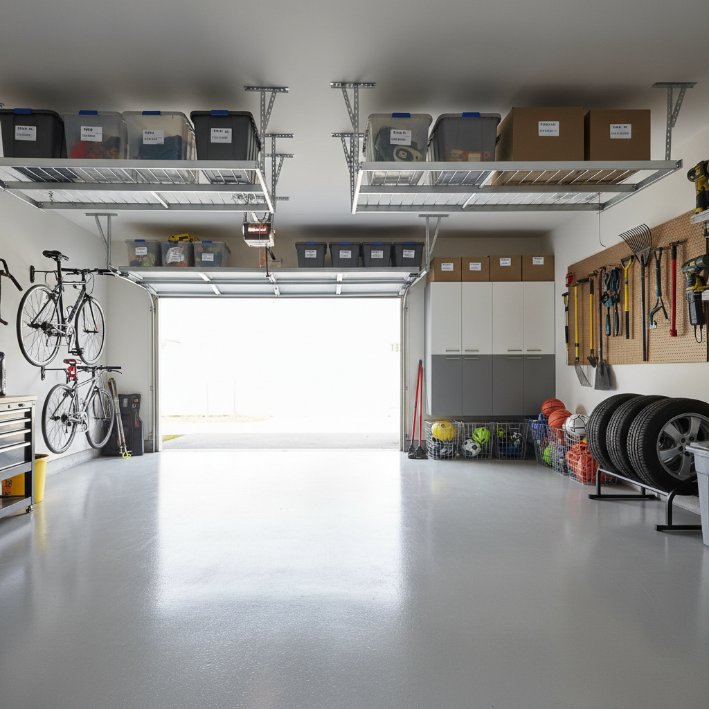 Clean two-car garage with overhead storage racks, wall-mounted bike hooks, and fresh grey epoxy floor — Forge project The Clean Slate