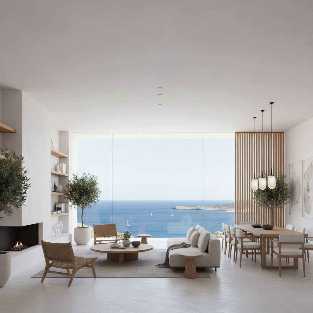 Ibiza villa with outdoor pool, open terrace, sunset view, white walls, pine trees surrounding