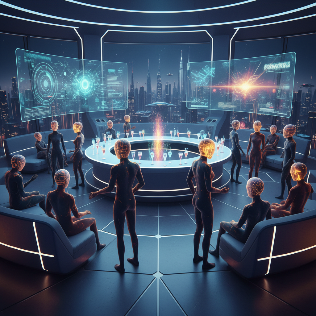 Futuristic social lounge with holographic avatars, neon ambient lighting, and floating conversation bubbles
