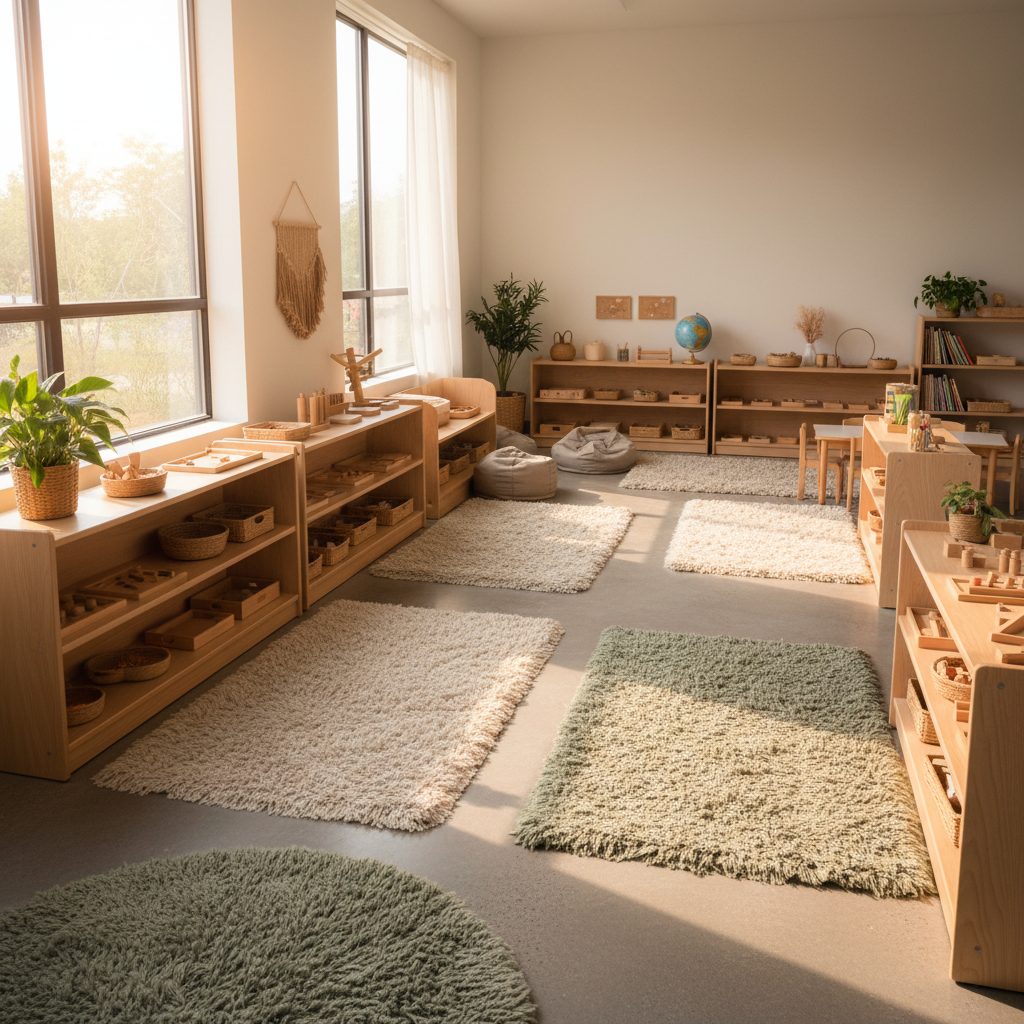 Beautifully arranged Montessori play space with low wooden shelves, natural toys, and soft play mat
