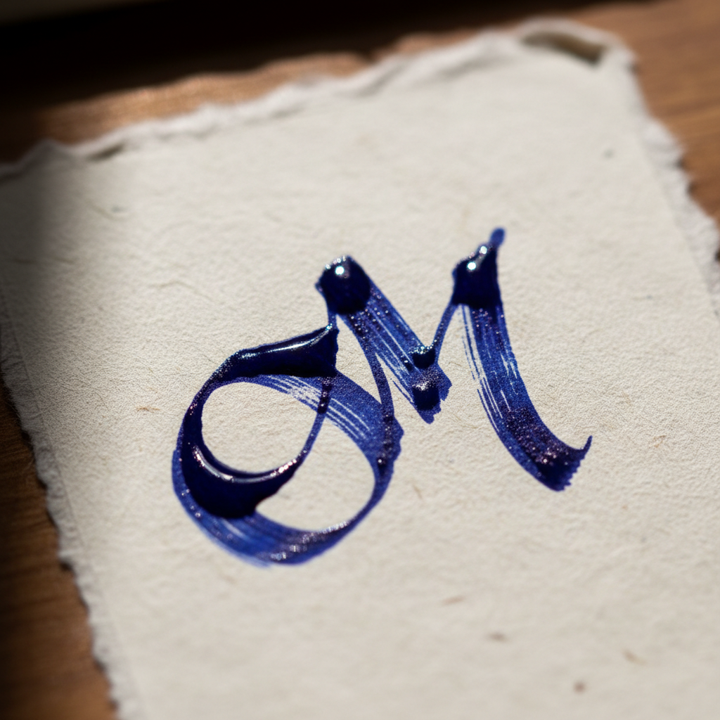 Macro photograph of a single confident brushstroke forming an abstract monogram on thick handmade paper, ink still wet with visible sheen under directional studio light