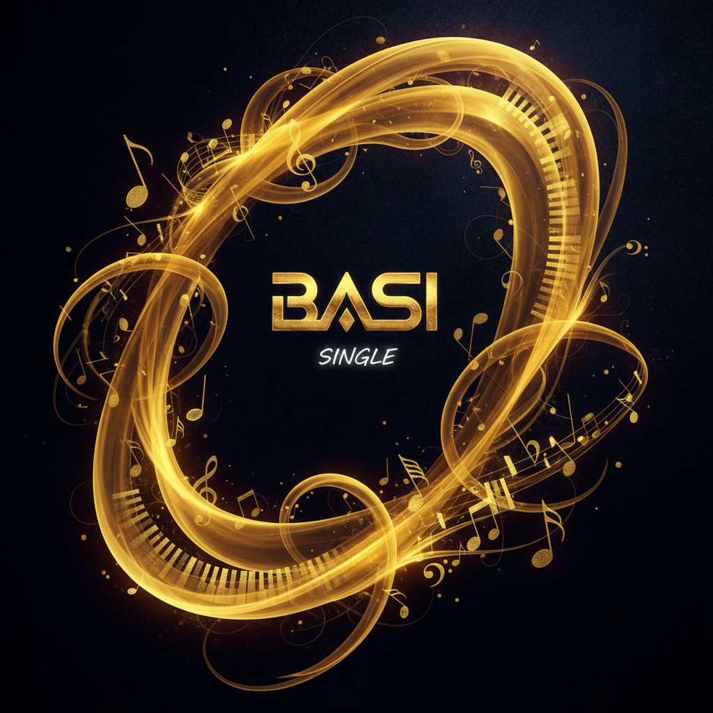Basi single artwork — golden abstract shapes with musical motifs