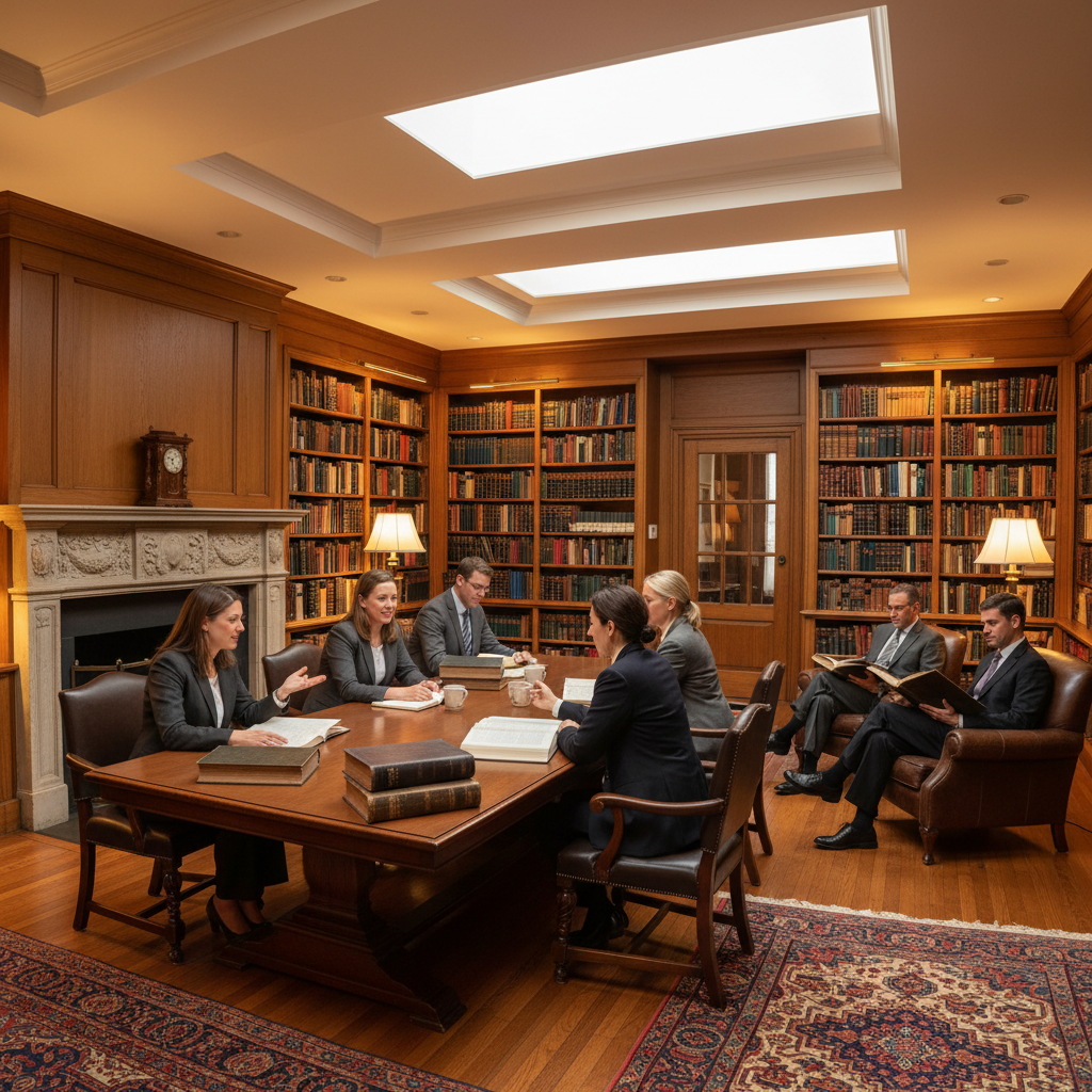 Candid photo of attorneys in a warmly lit reading room, some leaning forward in conversation