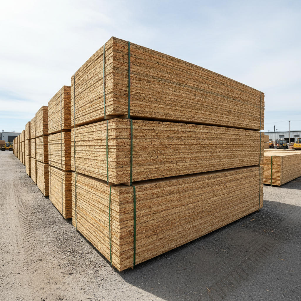 OSB oriented strand board panels stacked on a pallet, construction material