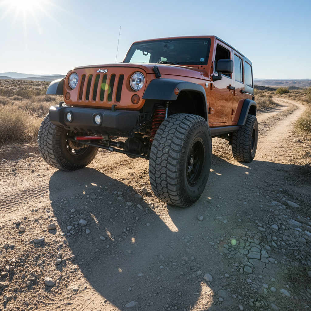 Jeep Wrangler JK with 3.5 inch lift suspension kit installed, showing lifted stance and larger tires on dirt trail