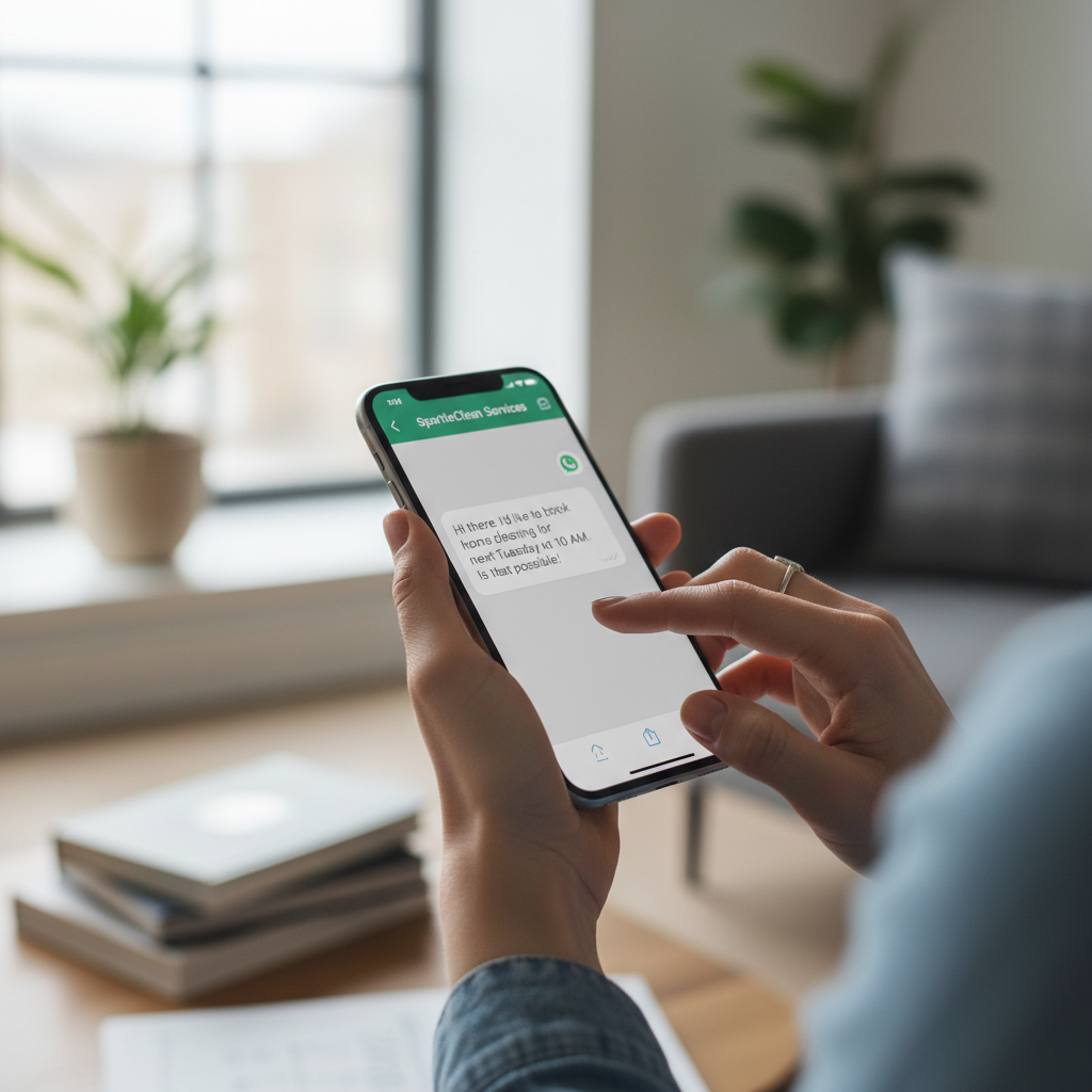 Person using a smartphone to book a professional cleaning service online in a modern home setting