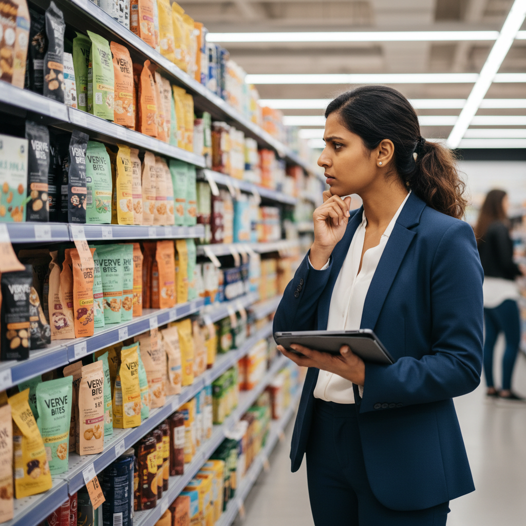 South Asian woman CPG founder standing in a grocery store aisle reviewing product placement