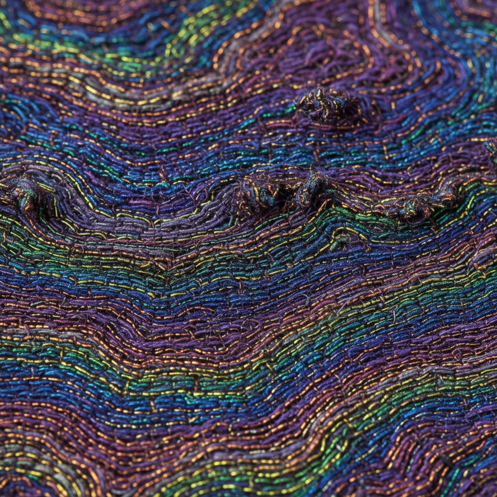 Close-up macro of dead-stock silk weave showing iridescent thread texture like a landscape