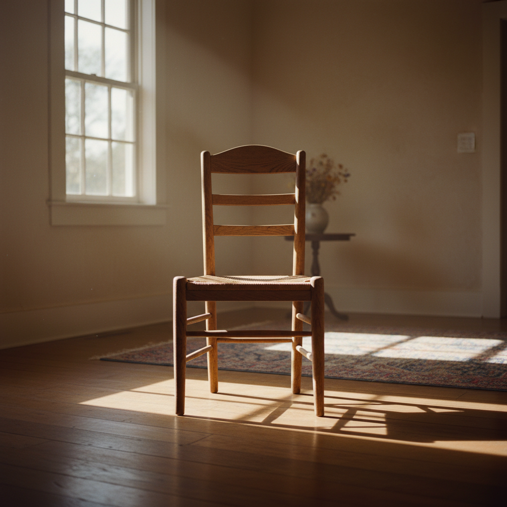 Warm afternoon light falling across an empty wooden chair in a bare sunlit room in Lisbon