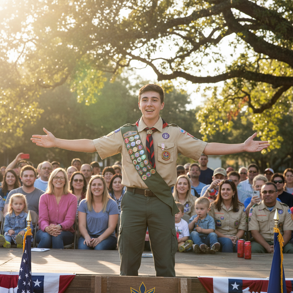 Confident teenager speaking at a troop ceremony, parent watching proudly from the audience