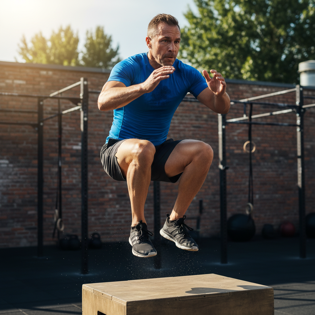 CrossFit training athlete doing box jumps in dark gym with dramatic lighting, intense atmosphere