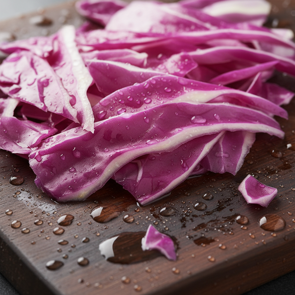 Thinly sliced purple cabbage on a wet wooden cutting board with water droplets