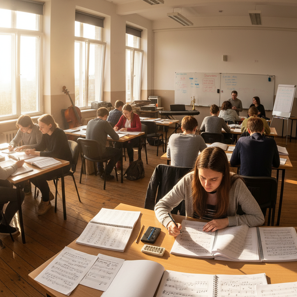 Music workshop with students and instructor around piano in a bright studio, afternoon light