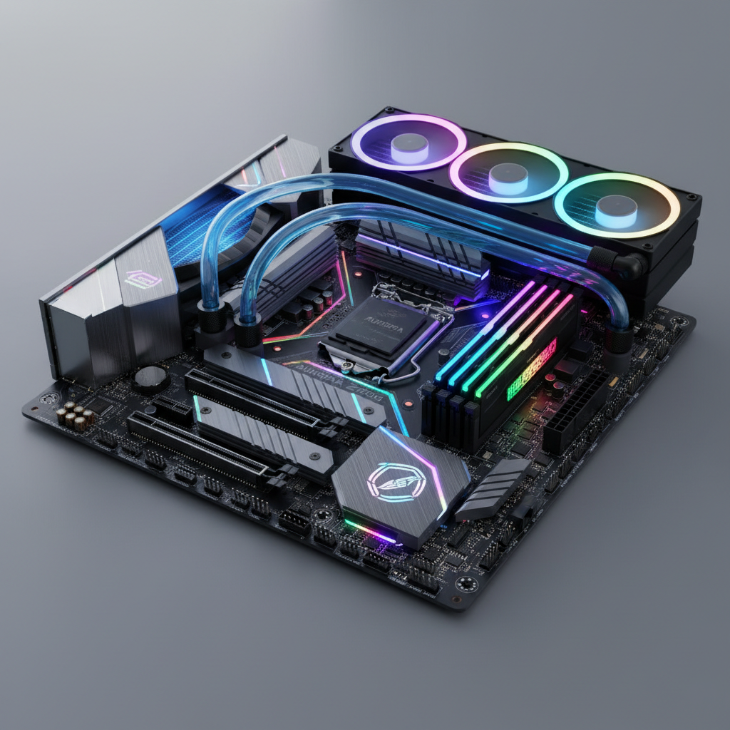 Modernes Mainboard mit RGB Beleuchtung und Kühlsystem