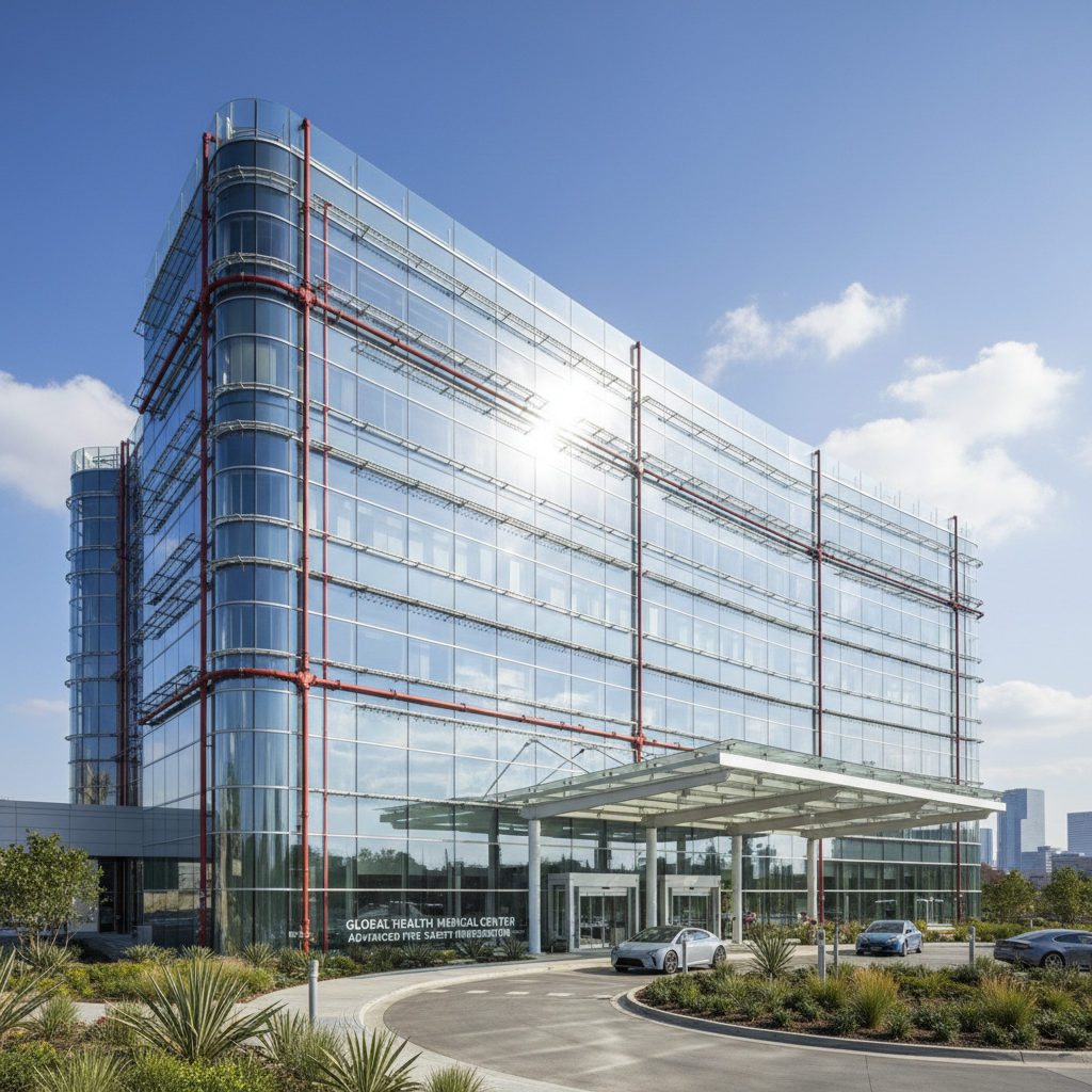 Modern hospital building exterior with glass facade and fire protection systems