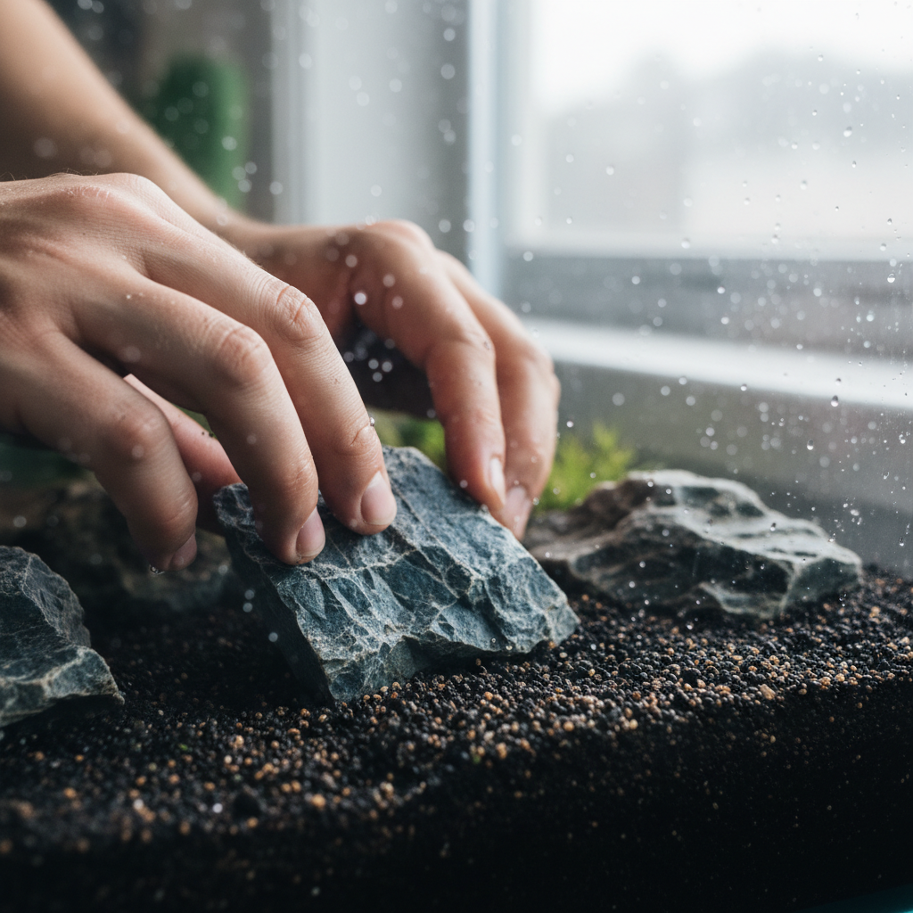 Close-up of a scaper's hands carefully positioning a piece of seiryu stone in wet substrate