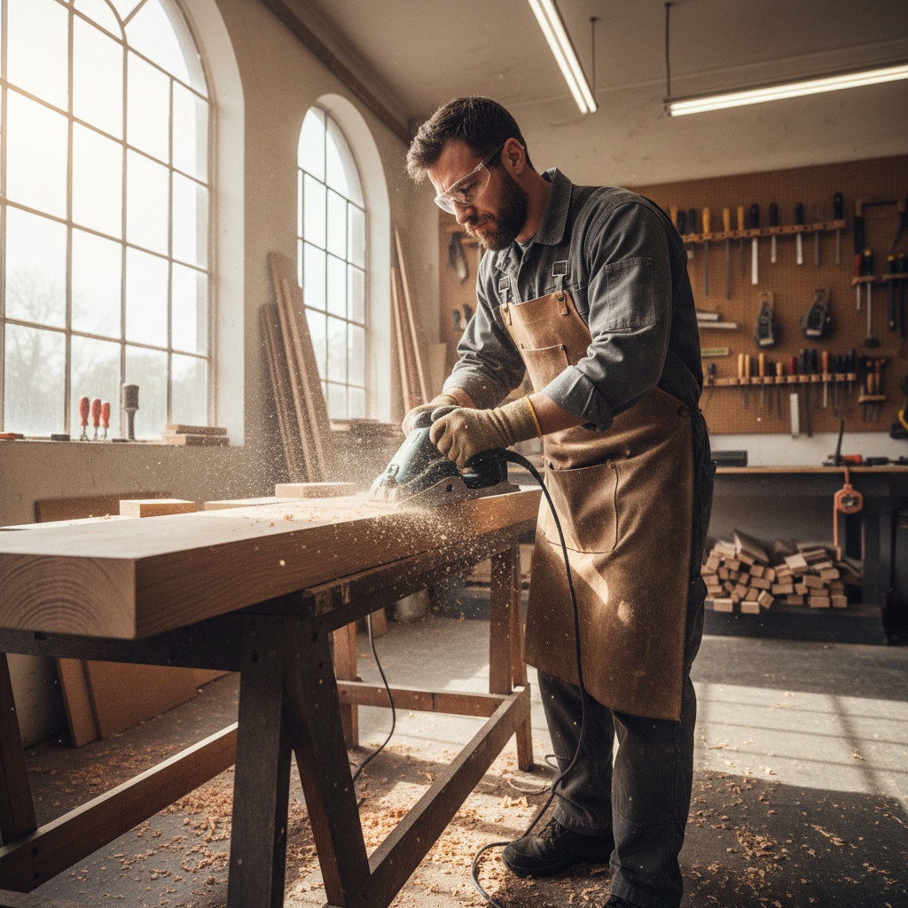 Handwerker in professioneller Arbeitskleidung bei der Arbeit in hellem Tageslicht