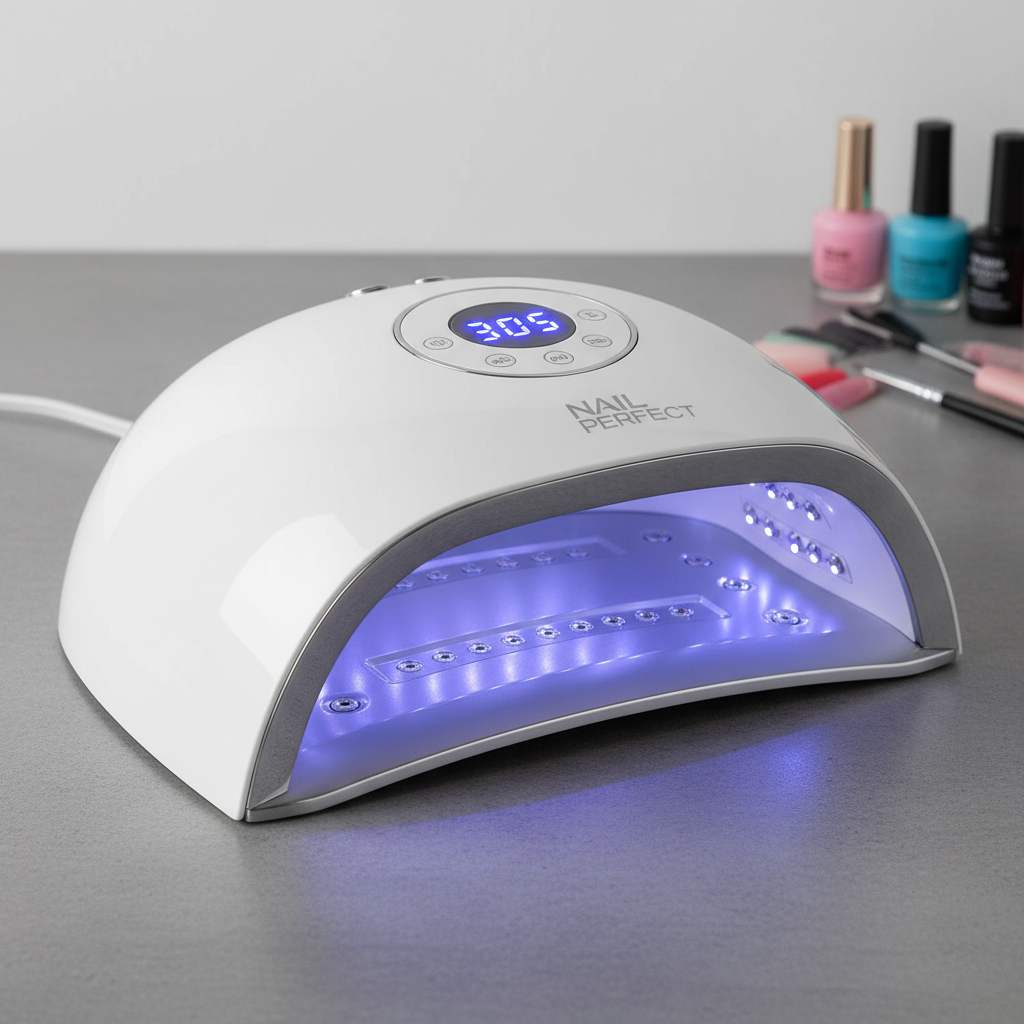 Professional UV LED nail curing lamp lit up in white