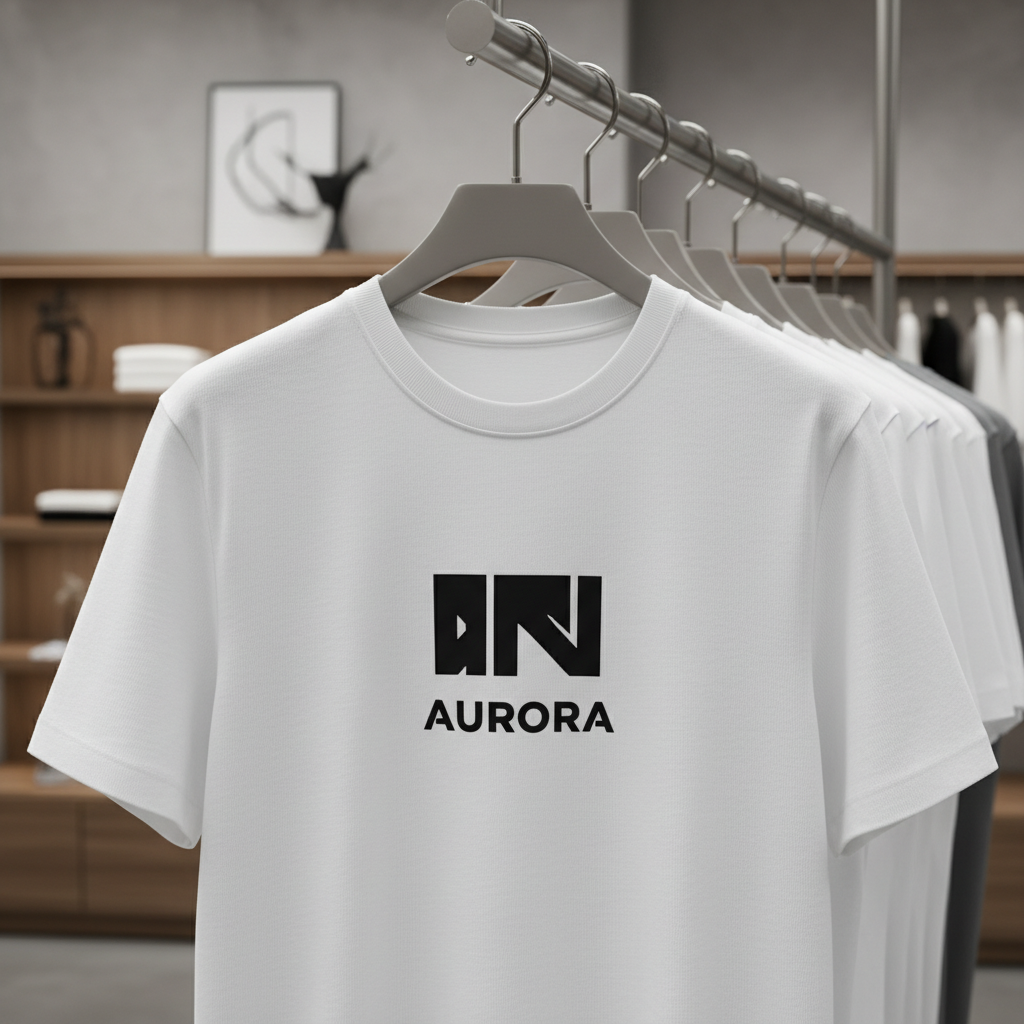 Stack of freshly printed branded corporate t-shirts in vibrant colors on white table in professional print shop