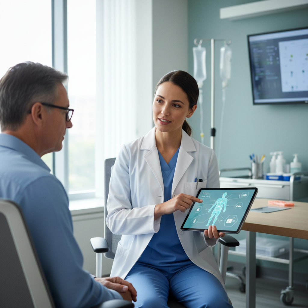 Doctor in white coat using tablet to share medical information in a bright airy clinic setting