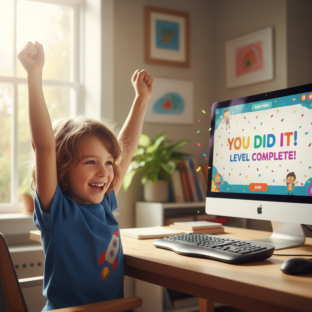 Kids celebrating after finishing math homework with raised hands