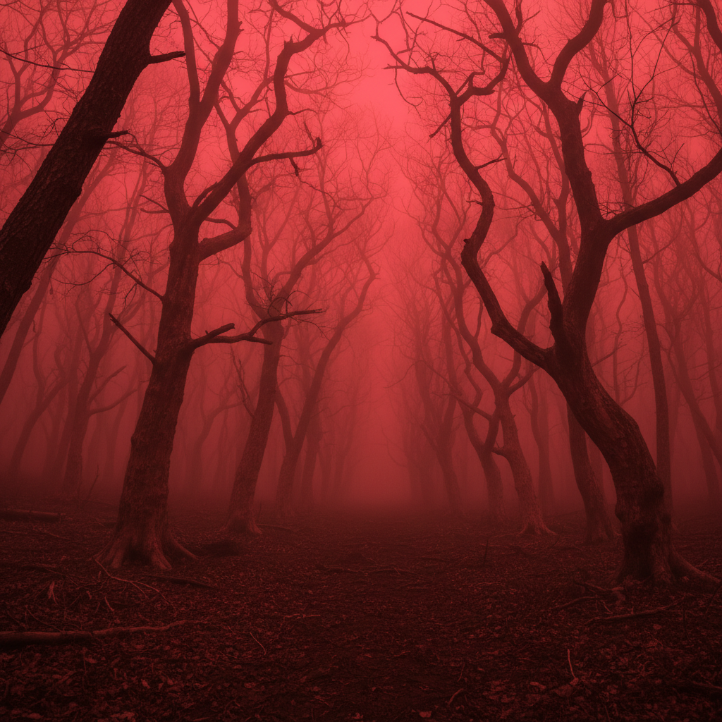 Ancient dark forest at night with twisted trees silhouetted against a dim red sky, eerie mist at ground level, deep shadows and ominous atmosphere