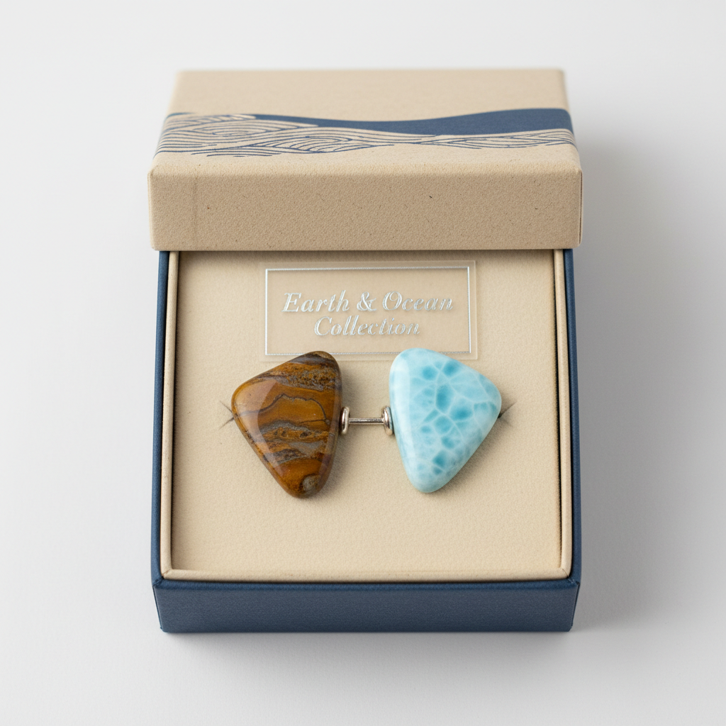Earth and Ocean gift duo with Picture Jasper and Larimar paired stones in gift packaging
