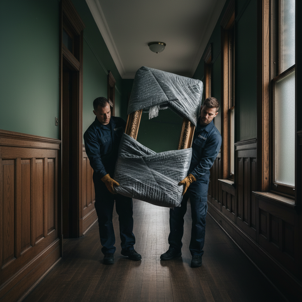 Two professional movers in dark uniforms carefully carrying a wrapped antique mirror through a narrow Victorian hallway