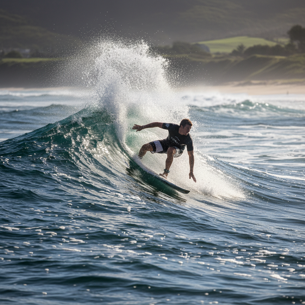 Competitive surfer executing a sharp cutback turn on a powerful wave
