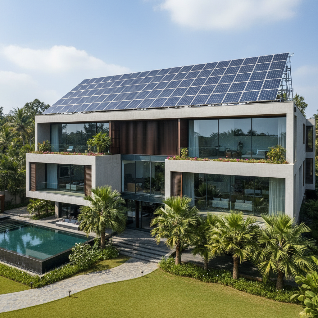 Aerial view of solar panels on villa rooftop, green surroundings, bright sunny outdoor environment