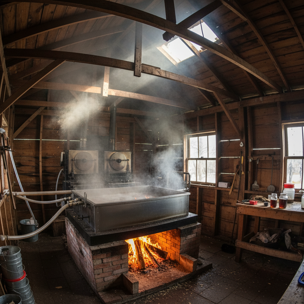 Interior of a maple sugarhouse with steam filling the rafters, wood fire glowing below the evaporator
