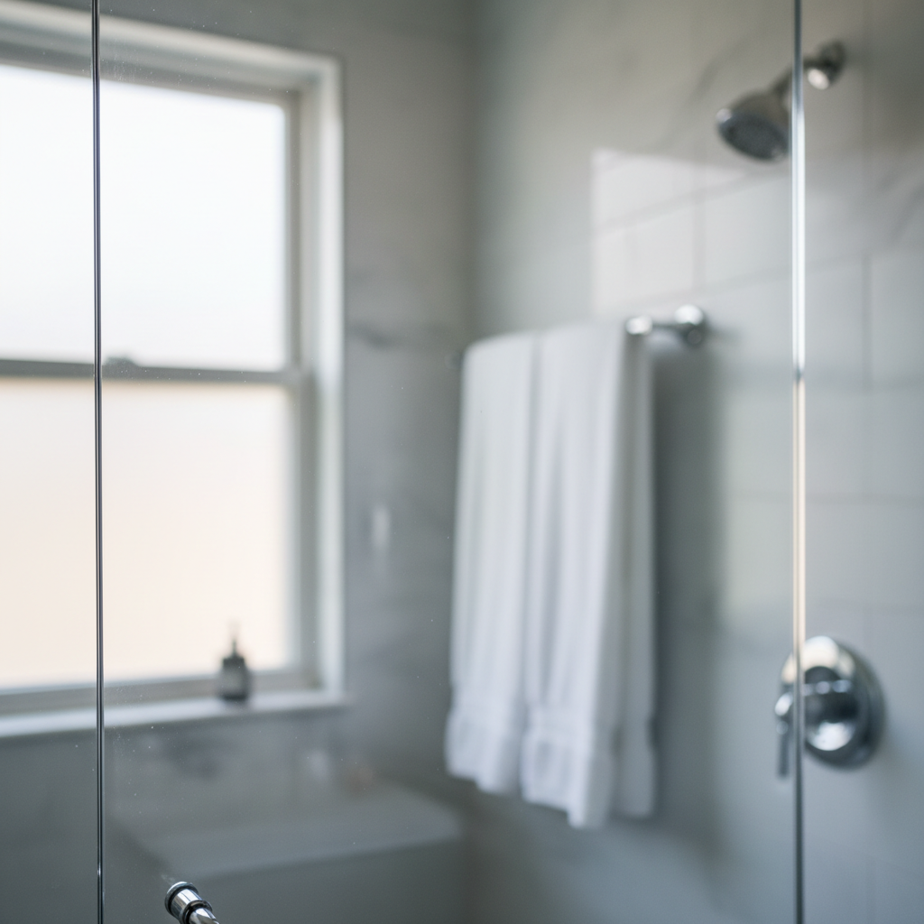 Spotlessly clean bathroom shower glass with clear reflections and no water marks