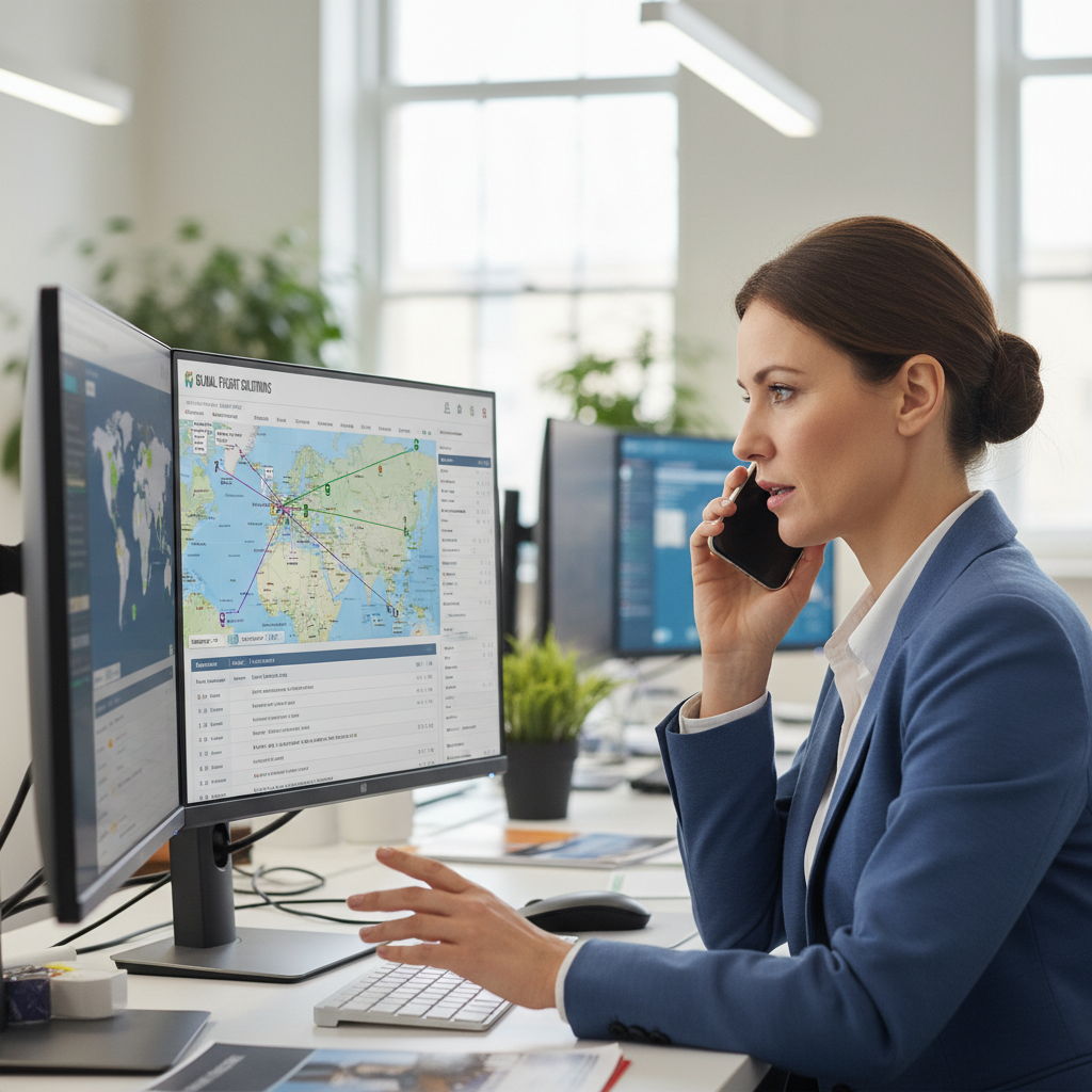 Travel agent on phone helping customer book a flight with computer screens showing flight data