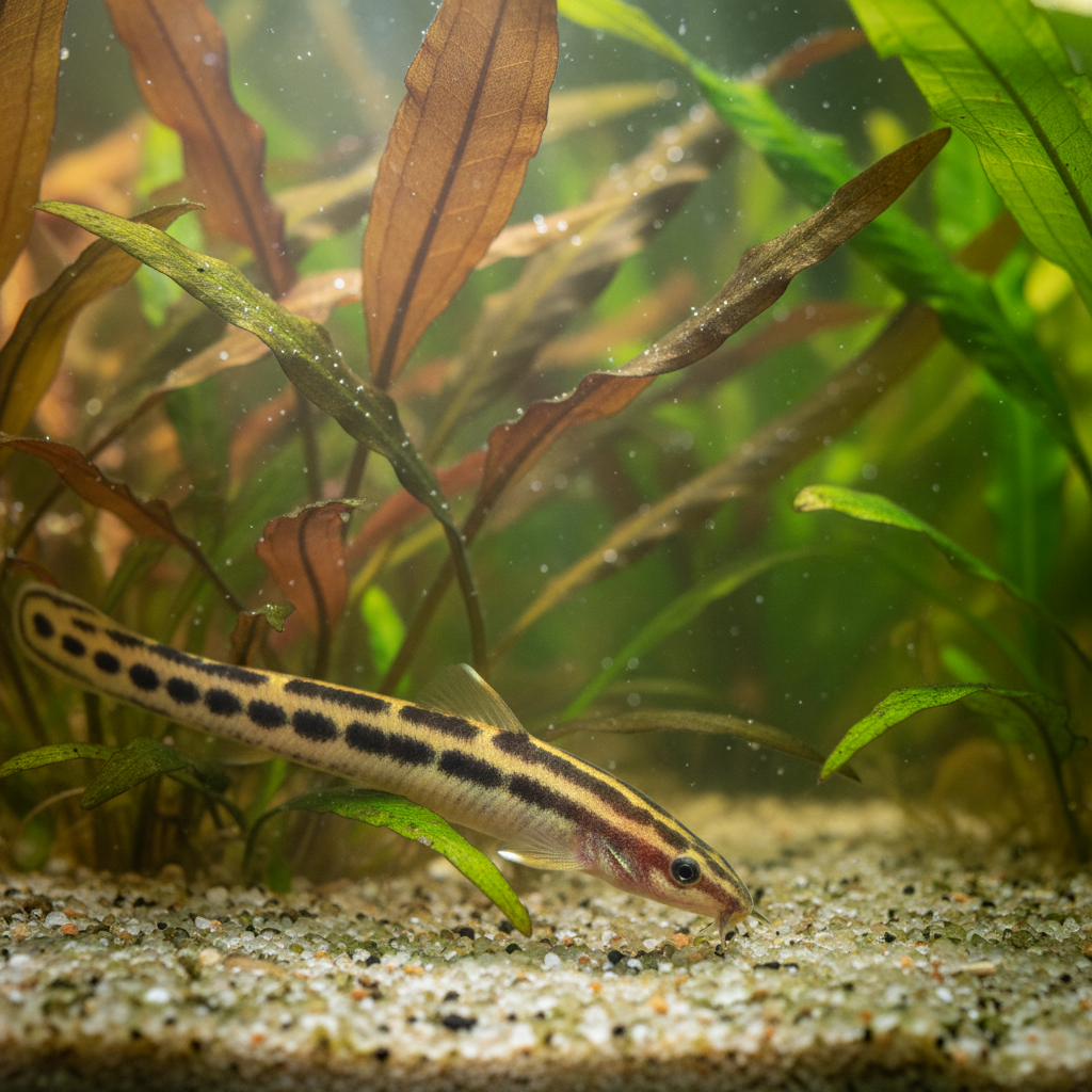 Striped kuhli loach weaving through aquarium plants near sandy substrate