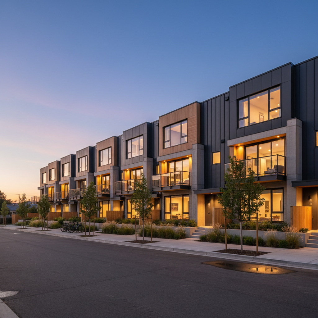 Stunning modern home exterior at dusk with warm interior lights glowing through floor-to-ceiling windows