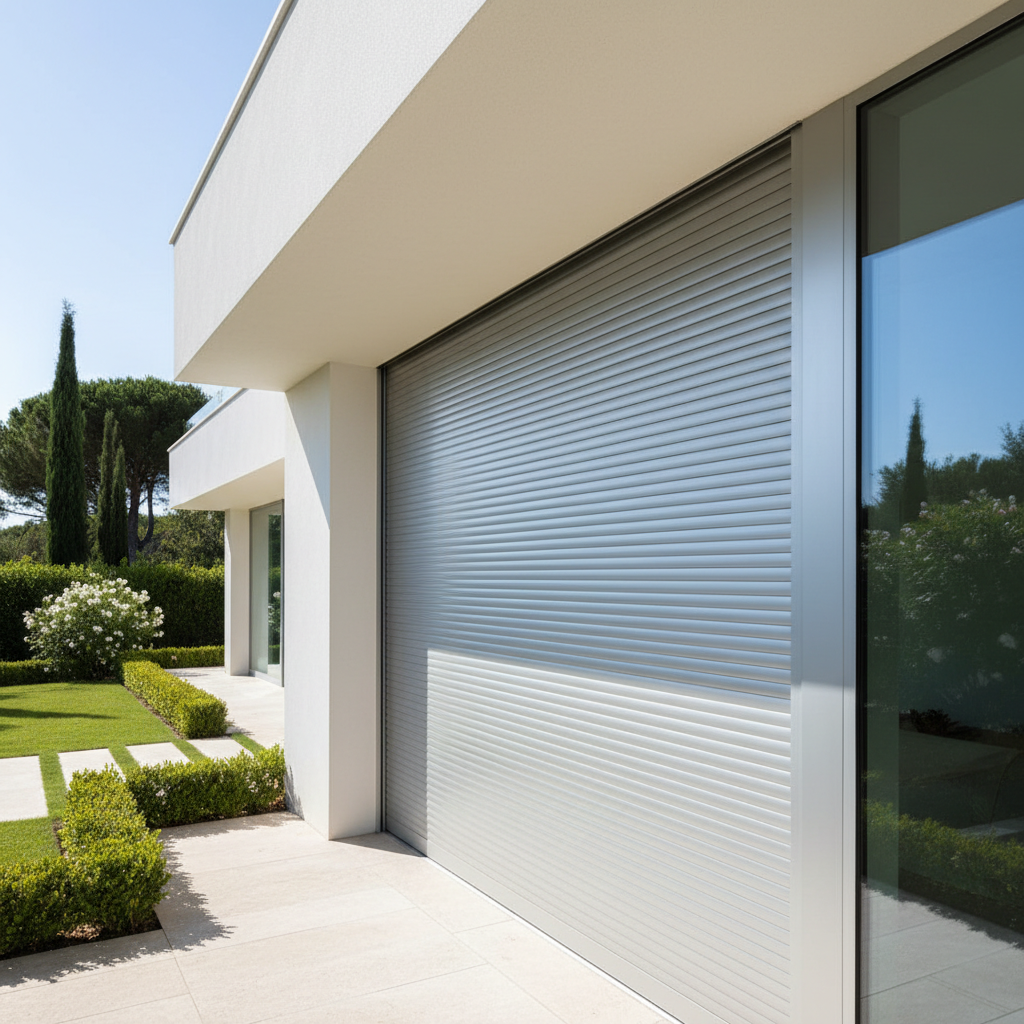 Modern luxury residential villa exterior with clean lines, large glass windows, and professional landscaping — dramatic overcast sky