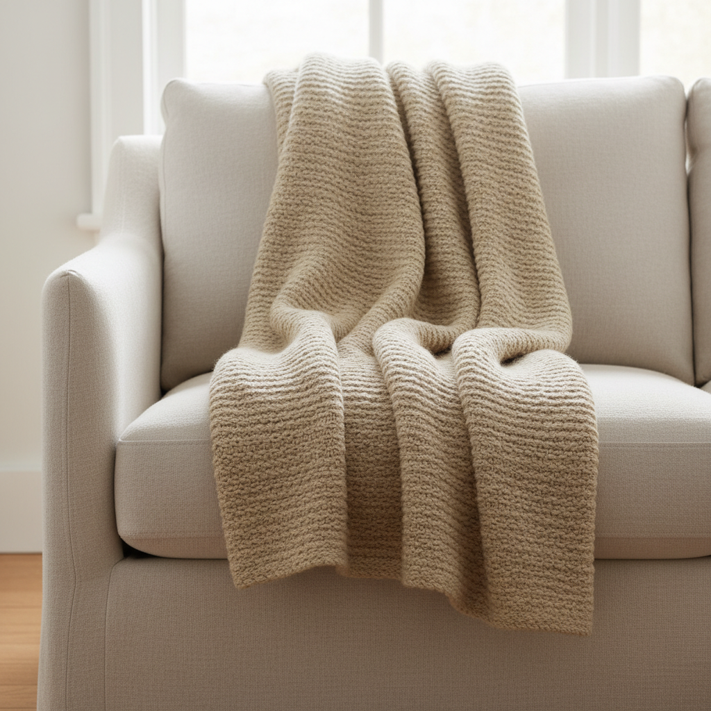 Chunky hand-woven wool throw blanket in cream and natural beige tones
