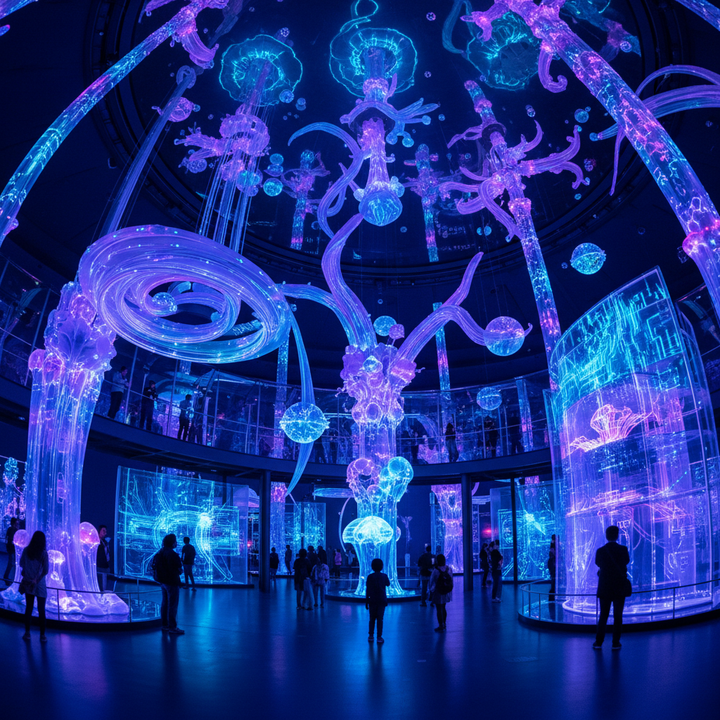 Museum exhibition installation with bioluminescent blue and violet light patterns