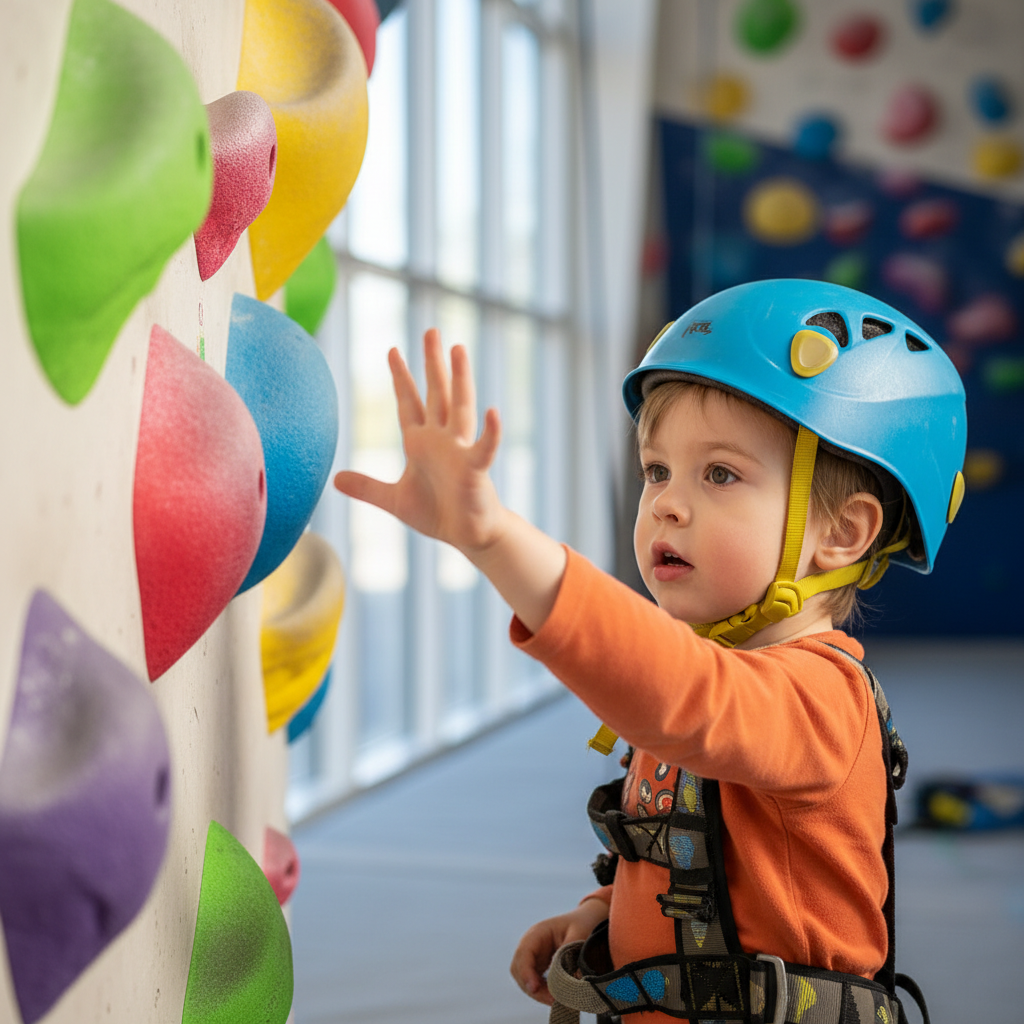 Young child in a climbing helmet reaching out to touch a colorful climbing wall for the first time, looking curious and slightly nervous