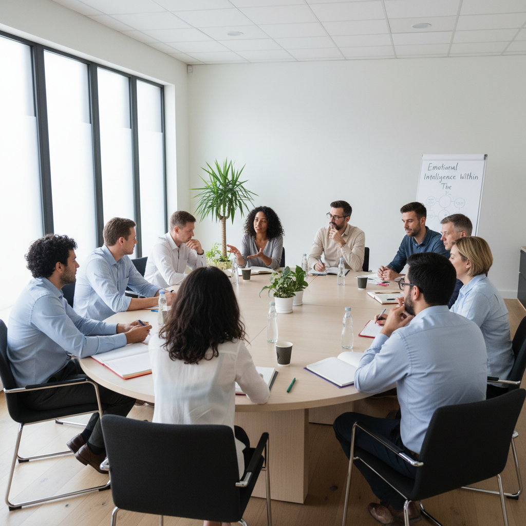 Team of diverse executives in an open discussion around a conference table with natural light